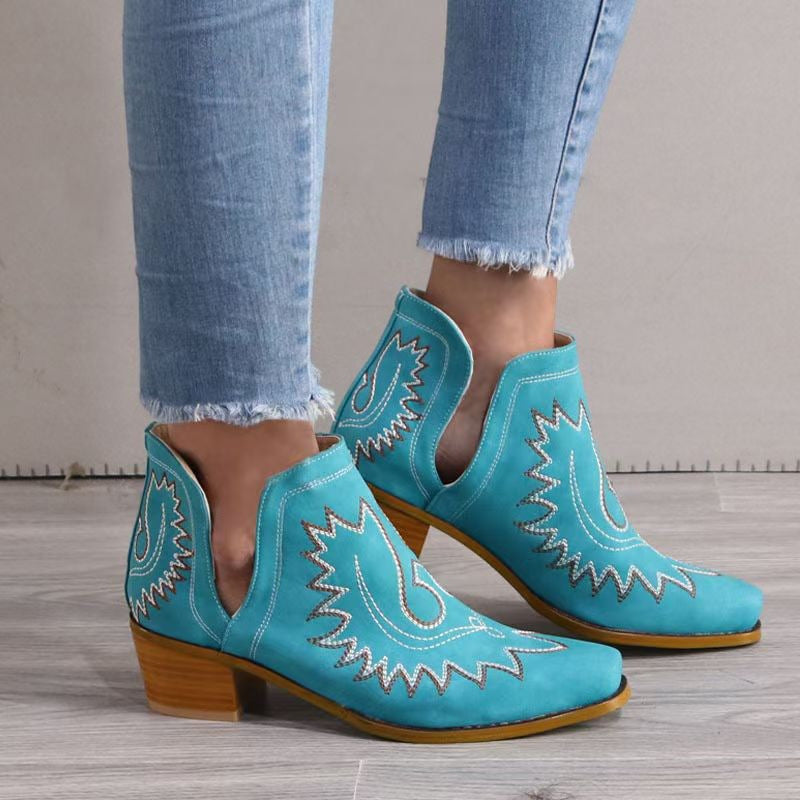 New Pointed Embroidered Chunky Heel Women's Pointed-toe Short Tube Boots Store Hive UNIjuntos