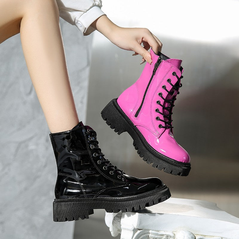 European And American Patent Leather Mid Heel Round Toe Short Motorcycle Boots Store Hive UNIjuntos