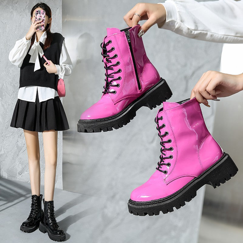 European And American Patent Leather Mid Heel Round Toe Short Motorcycle Boots Store Hive UNIjuntos