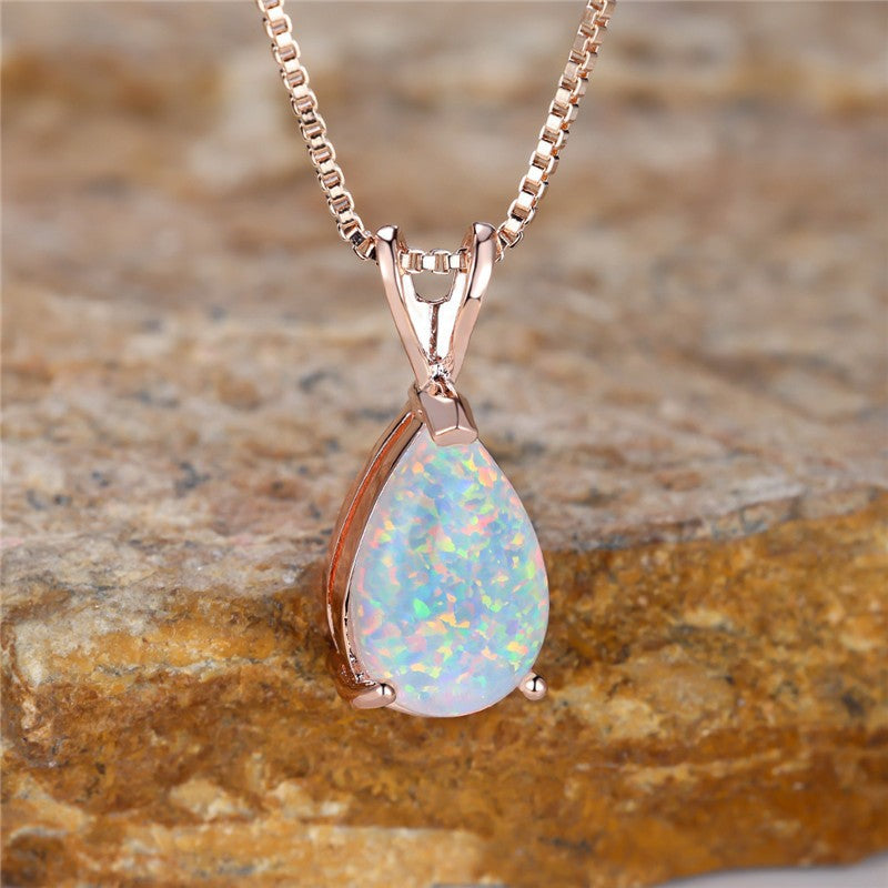 Colorful Water Drop Opal Pendant Necklace Elegant High-grade All-matching