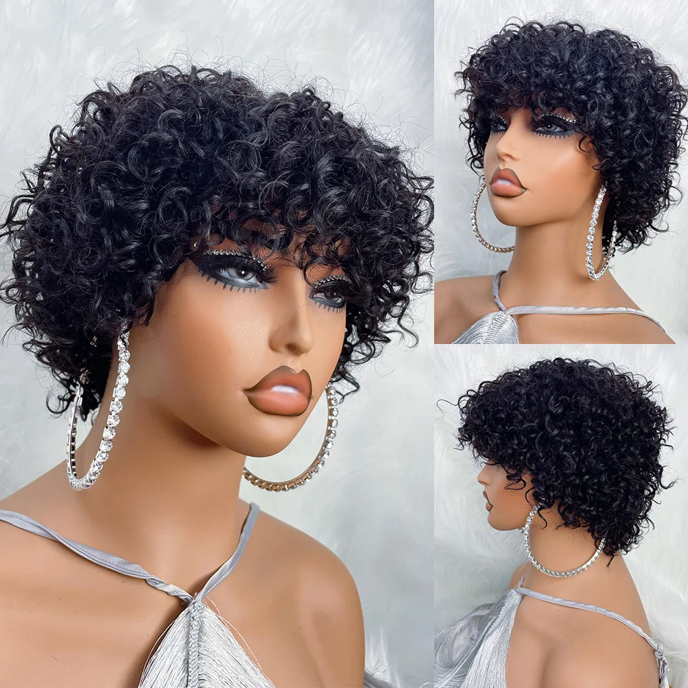 Perruques de cheveux humains coupe lutin pour les femmes noires Afro Rose bouclés Funmi perruques sans colle avec frange courte perruque Bob bouclée rebondissante avec frange Hive JFA & TA Store