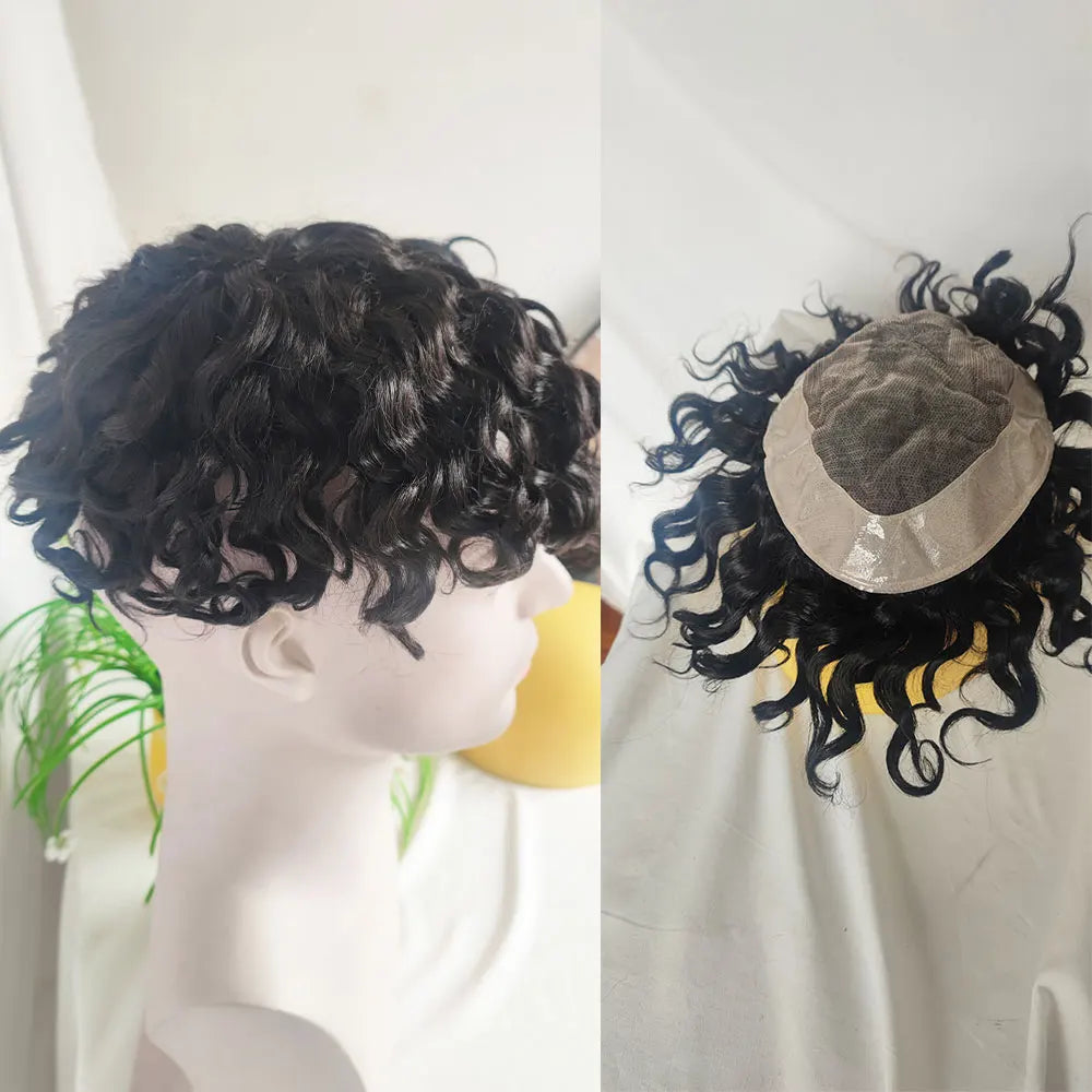 Toupet en cheveux humains bouclés profonds pour hommes, postiche fine Mono, système de remplacement pour hommes, 7x9 pouces, document noir 1B Hive JFA & TA Store