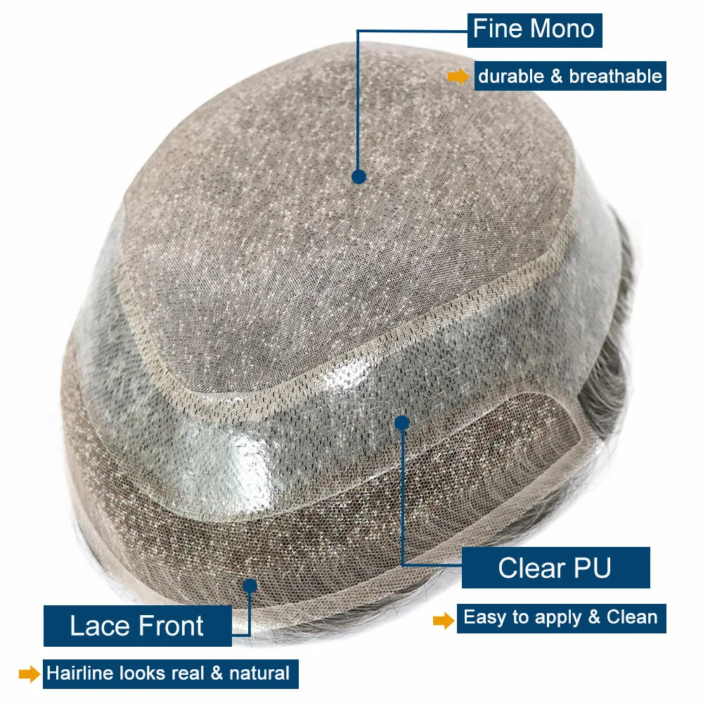 Toupet de prothèse de cheveux humains gris pour hommes, perruque en PU fin Mono Lace Front, système de perruque masculine, délié naturel ondulé, postiche pour homme Hive JFA & TA Store
