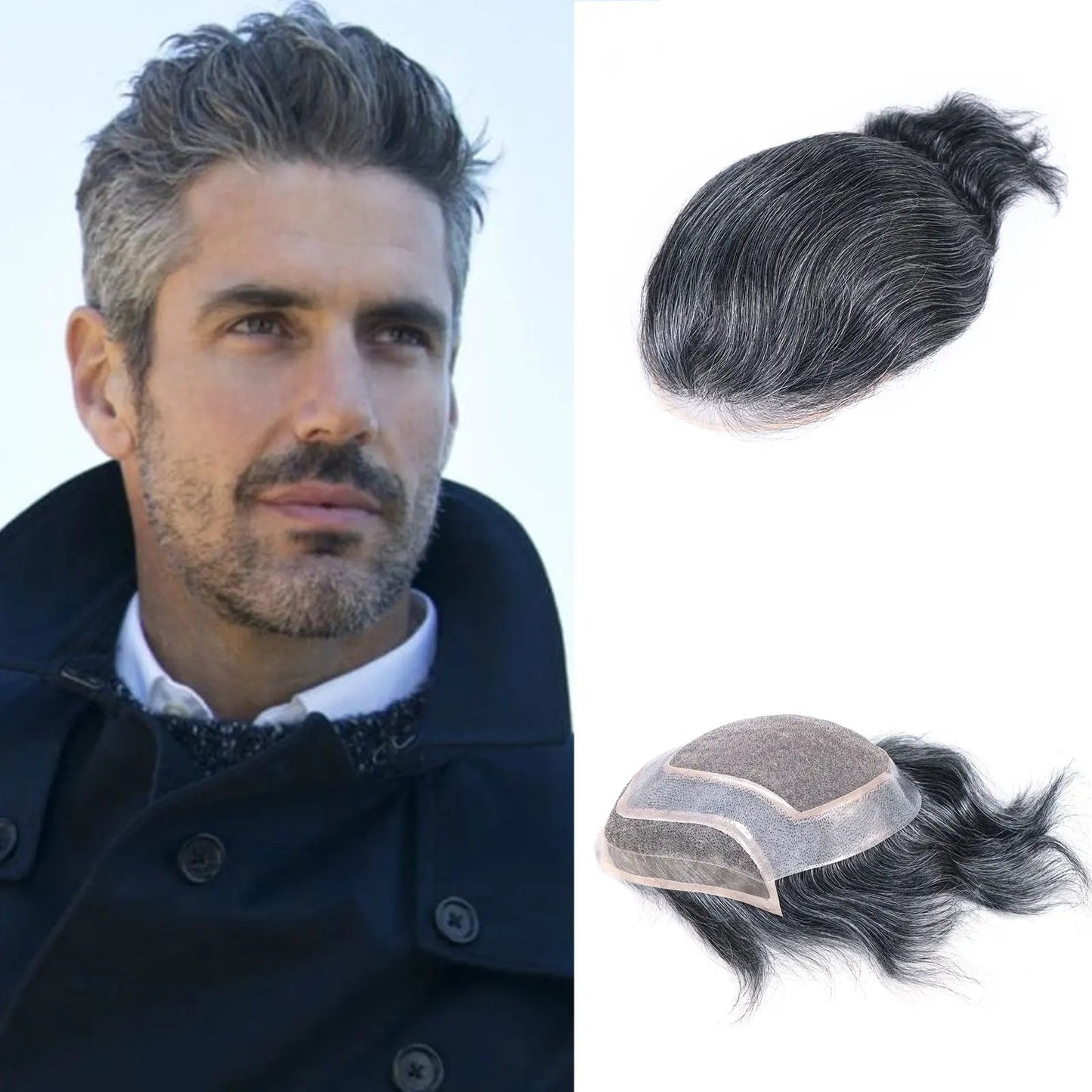 8x10 "gris mettre en évidence toupet pour hommes cheveux humains dentelle PU Mono Invisible morceau de cheveux dentelle avant mâle perruque hommes prothèse capillaire Hive JFA & TA Store