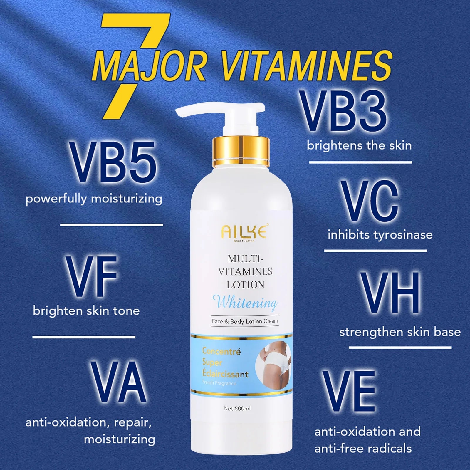 AILKE Lotion pour le corps blanchissante multi-vitamines avec vitamines A,E,B3,B5, augmente l'éclat cutané, même le teint, crème hydratante Hive JFA & TA Store