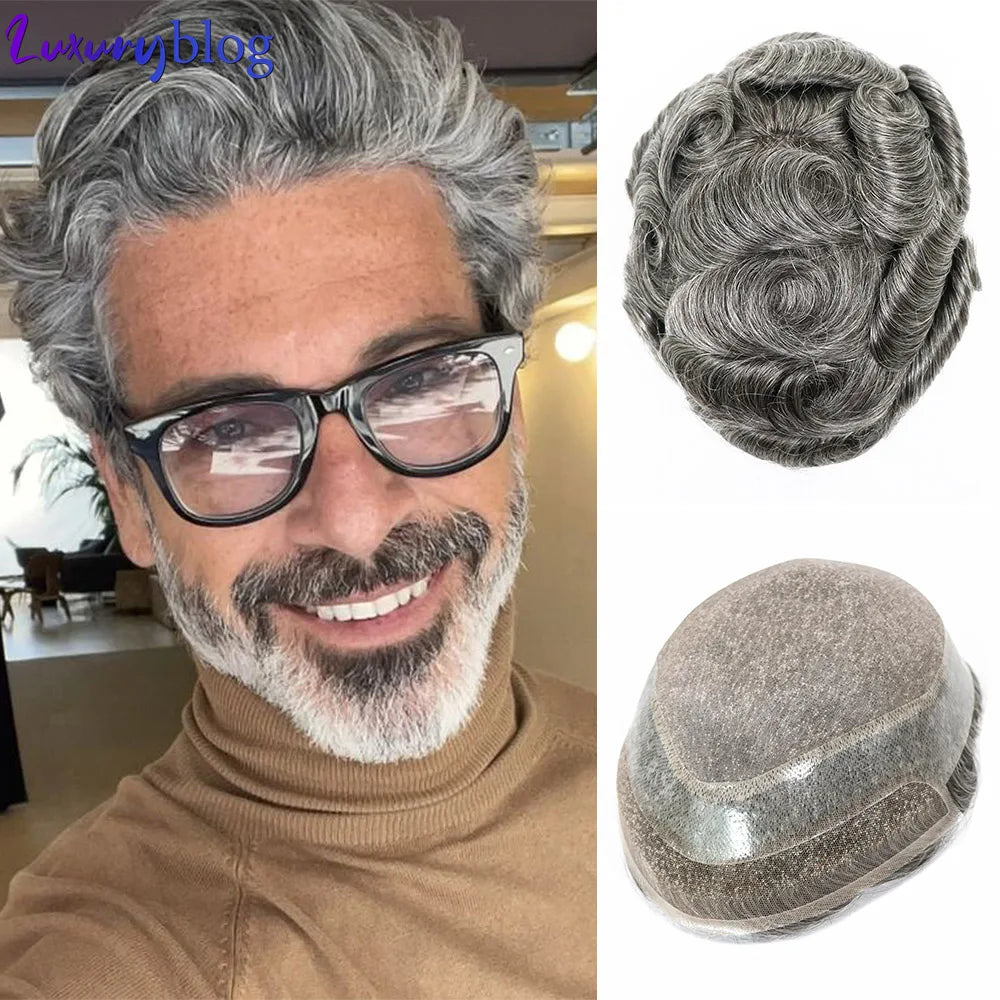 Toupet de prothèse de cheveux humains gris pour hommes, perruque en PU fin Mono Lace Front, système de perruque masculine, délié naturel ondulé, postiche pour homme Hive JFA & TA Store