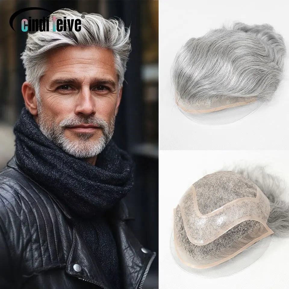 8x10 "gris mettre en évidence toupet pour hommes cheveux humains dentelle PU Mono Invisible morceau de cheveux dentelle avant mâle perruque hommes prothèse capillaire Hive JFA & TA Store