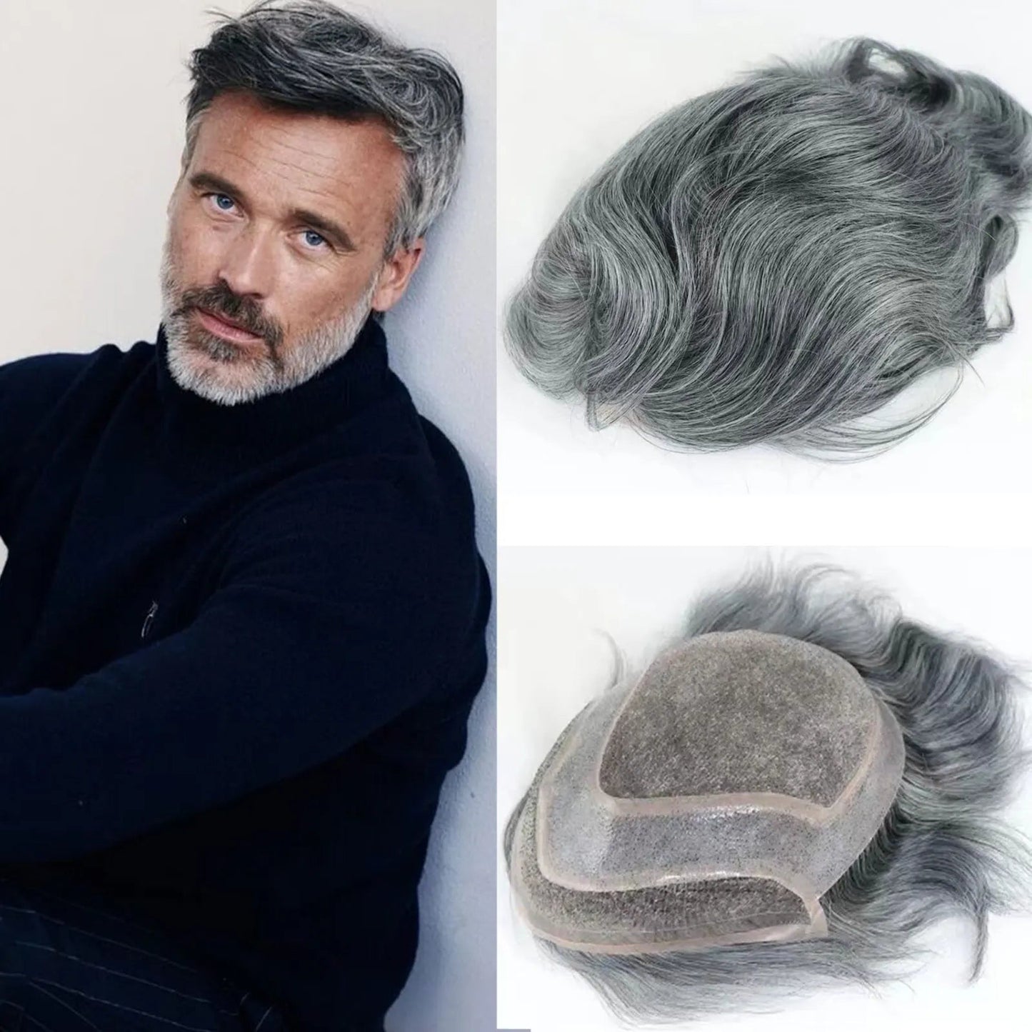 8x10 "gris mettre en évidence toupet pour hommes cheveux humains dentelle PU Mono Invisible morceau de cheveux dentelle avant mâle perruque hommes prothèse capillaire Hive JFA & TA Store