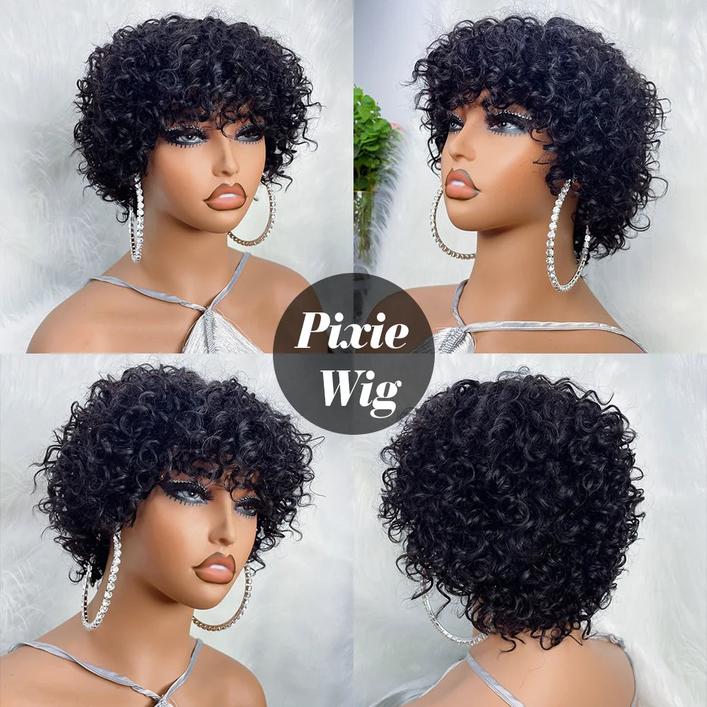 Perruques de cheveux humains coupe lutin pour les femmes noires Afro Rose bouclés Funmi perruques sans colle avec frange courte perruque Bob bouclée rebondissante avec frange Hive JFA & TA Store