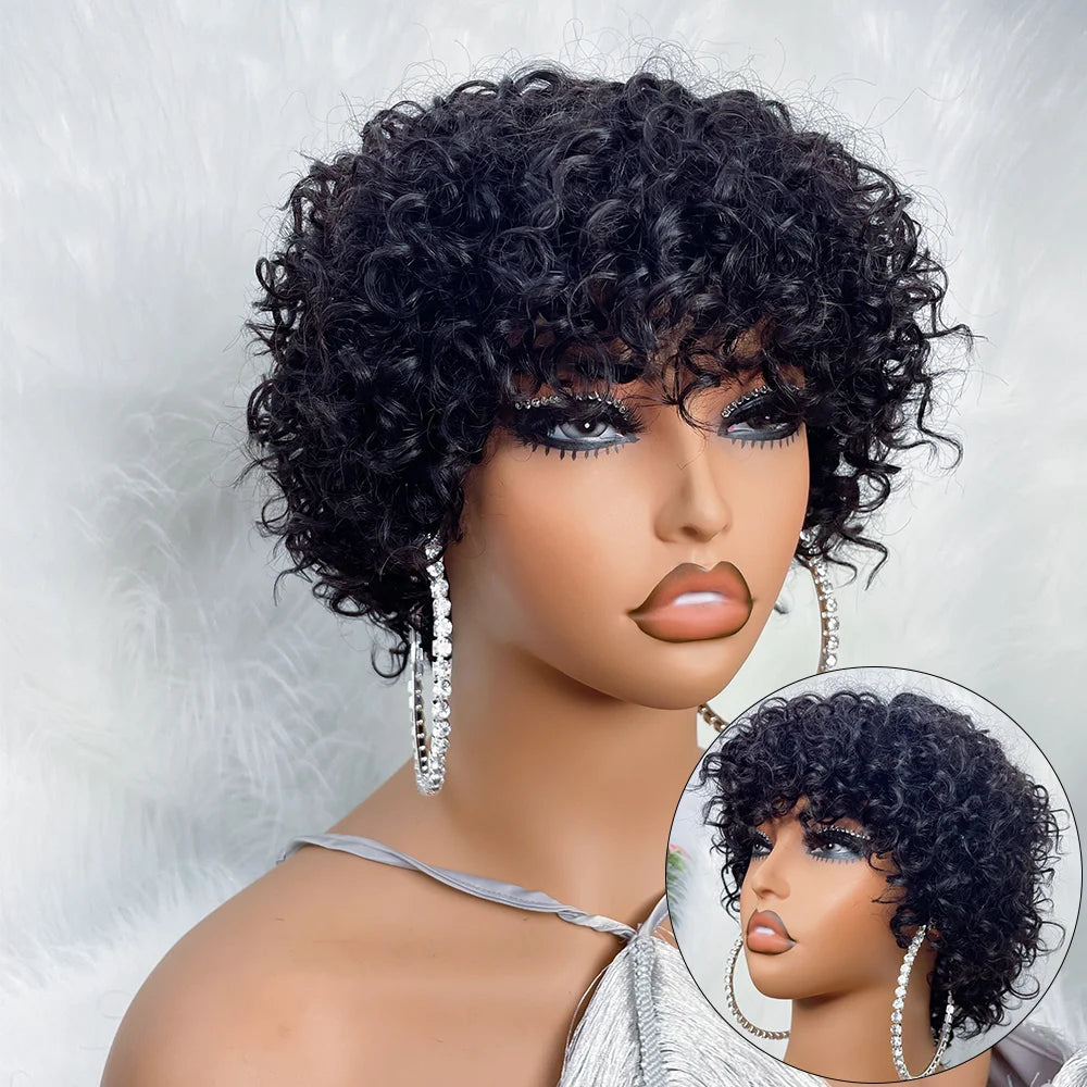 Perruques de cheveux humains coupe lutin pour les femmes noires Afro Rose bouclés Funmi perruques sans colle avec frange courte perruque Bob bouclée rebondissante avec frange Hive JFA & TA Store