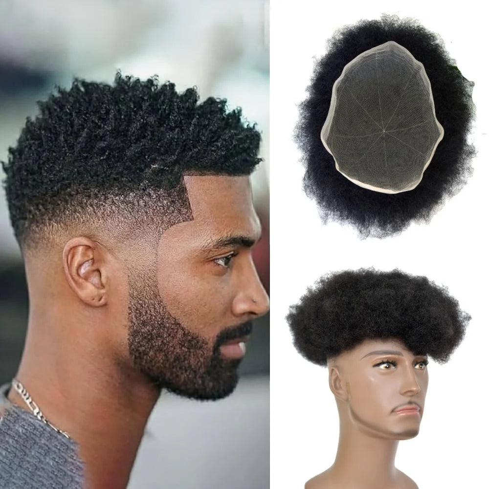 10x8 pouces pleine dentelle française Afro bouclés Topee pour hommes prothèse de cheveux humains 6mm vague noir africain hommes perruque système de remplacement Hive JFA & TA Store