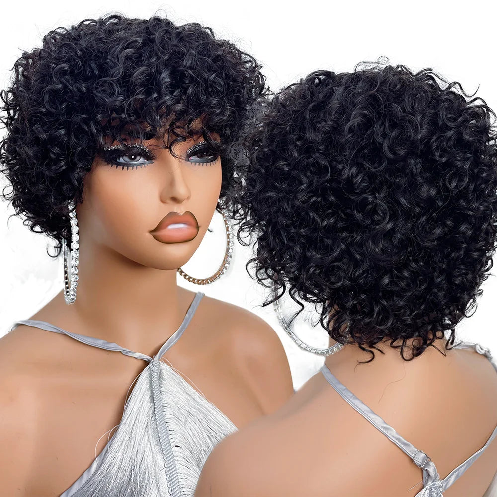 Perruques de cheveux humains coupe lutin pour les femmes noires Afro Rose bouclés Funmi perruques sans colle avec frange courte perruque Bob bouclée rebondissante avec frange Hive JFA & TA Store