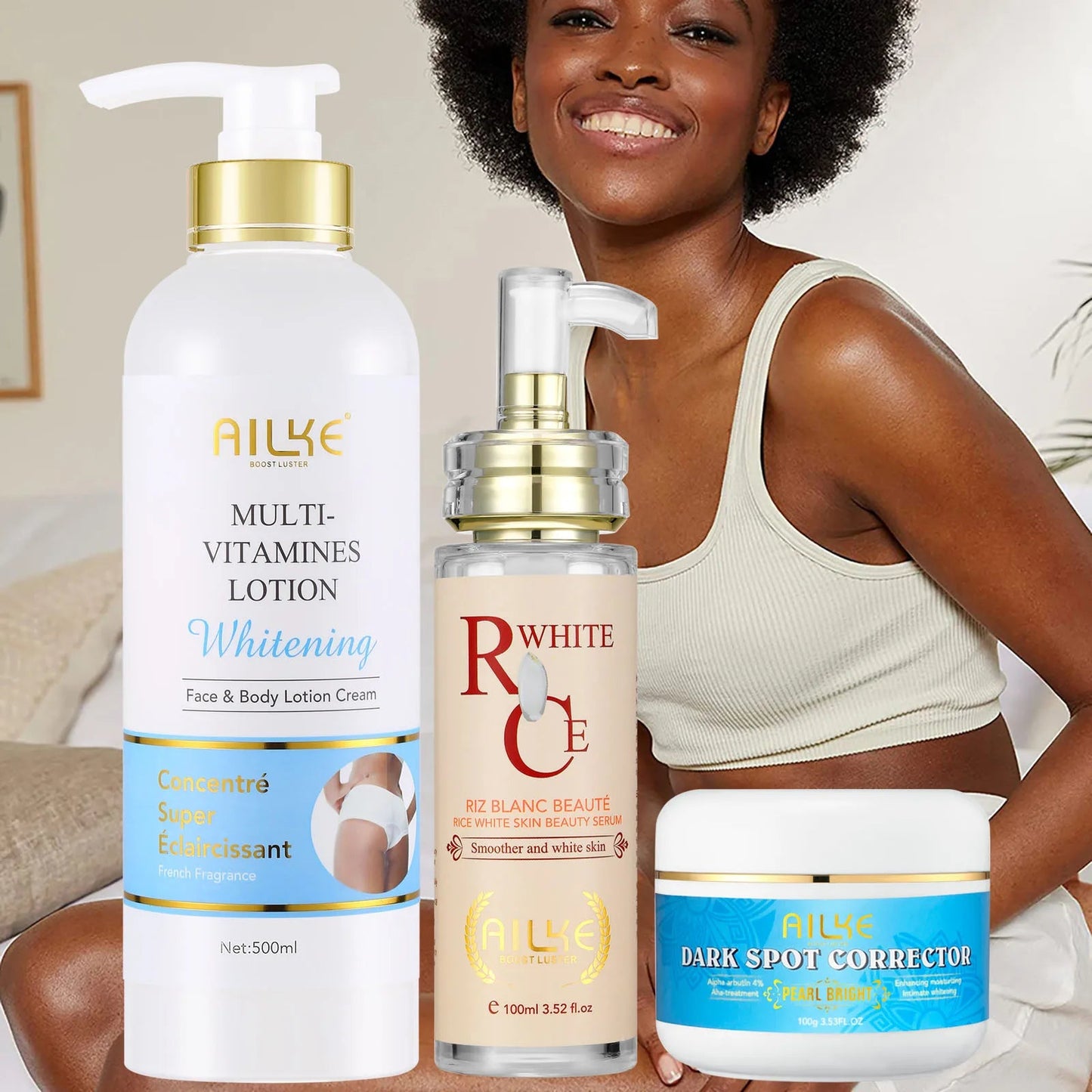 AILKE Lotion pour le corps blanchissante multi-vitamines avec vitamines A,E,B3,B5, augmente l'éclat cutané, même le teint, crème hydratante Hive JFA & TA Store