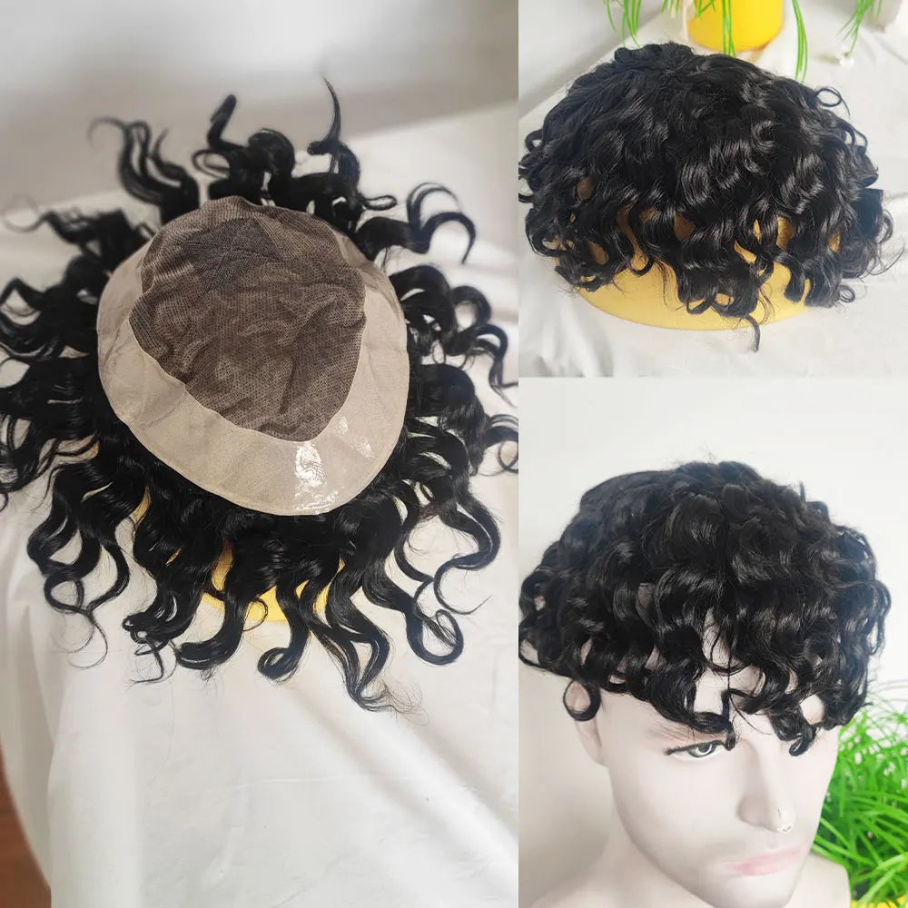 Toupet en cheveux humains bouclés profonds pour hommes, postiche fine Mono, système de remplacement pour hommes, 7x9 pouces, document noir 1B Hive JFA & TA Store