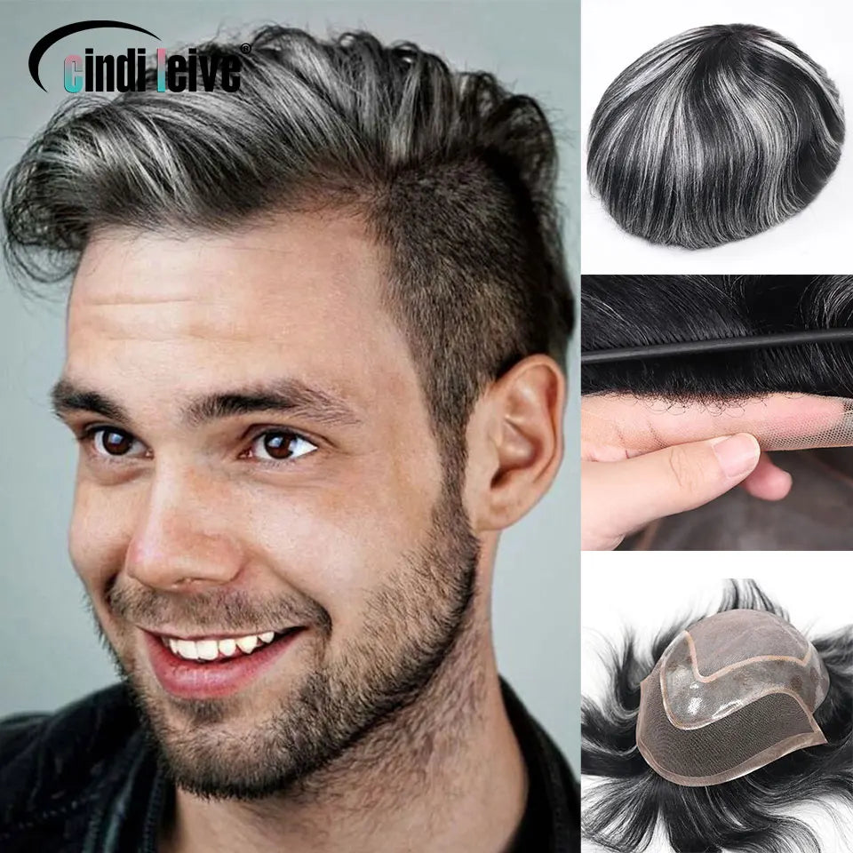 8x10 "gris mettre en évidence toupet pour hommes cheveux humains dentelle PU Mono Invisible morceau de cheveux dentelle avant mâle perruque hommes prothèse capillaire Hive JFA & TA Store