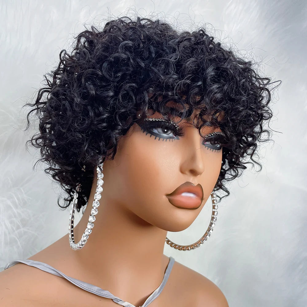 Perruques de cheveux humains coupe lutin pour les femmes noires Afro Rose bouclés Funmi perruques sans colle avec frange courte perruque Bob bouclée rebondissante avec frange Hive JFA & TA Store
