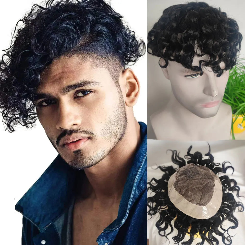 Toupet en cheveux humains bouclés profonds pour hommes, postiche fine Mono, système de remplacement pour hommes, 7x9 pouces, document noir 1B Hive JFA & TA Store