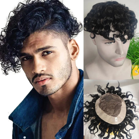 Toupet en cheveux humains bouclés profonds pour hommes, postiche fine Mono, système de remplacement pour hommes, 7x9 pouces, document noir 1B Hive JFA & TA Store