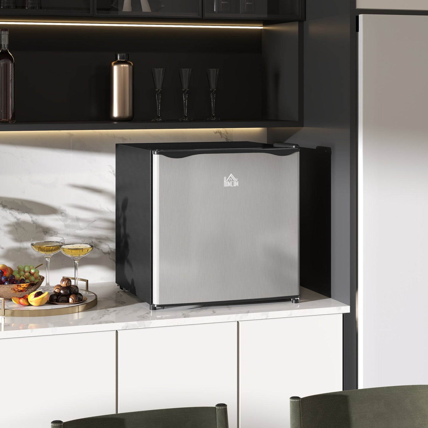 46 Litre Table Top Mini Fridge, Small Fridge with Ice Box, Reversible Door, Adjustable Temperature and Legs for Bedrooms, Home Office, Silver Tone-1