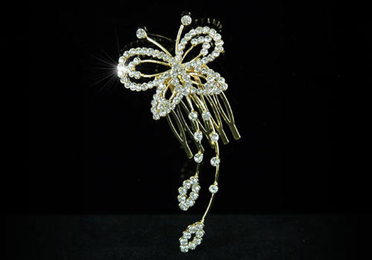 Bridal Wedding Butterfly Crystal Gold Side Hair Comb XT1324-0
