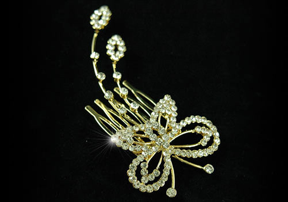 Bridal Wedding Butterfly Crystal Gold Side Hair Comb XT1324-2