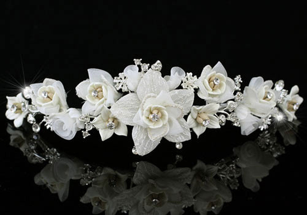 Handmade Wedding White Flower Satin Crystals Tiara XT1336-2