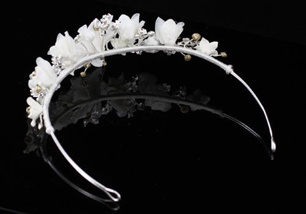 Handmade Wedding White Flower Satin Crystals Tiara XT1336-3