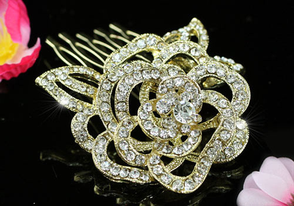 3D Rose Wedding Gold Plated Hair Comb XT1344-0
