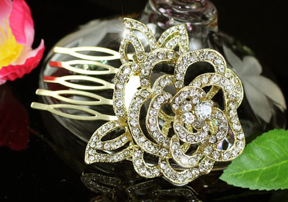 3D Rose Wedding Gold Plated Hair Comb XT1344-1