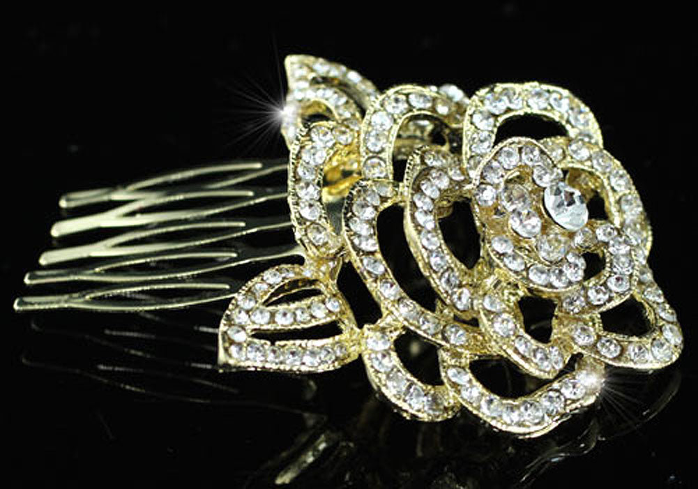 3D Rose Wedding Gold Plated Hair Comb XT1344-2