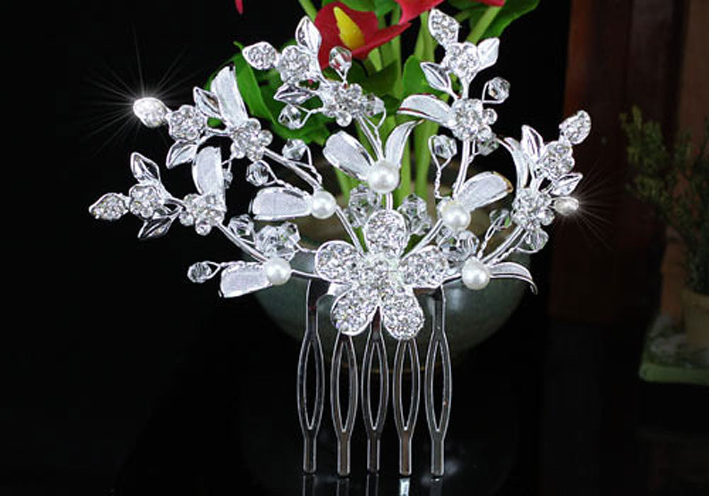 Wedding Flower Crystal Faux Pearl Hair Comb XT1357-1