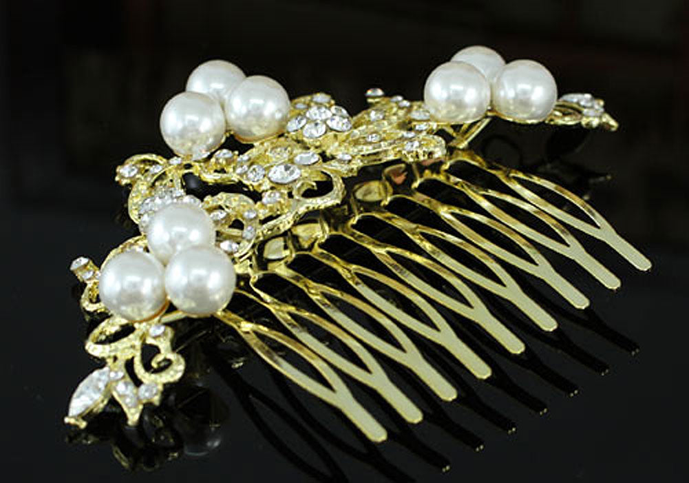 Wedding  Crystal White Pearl Gold Hair Comb XT1368-1