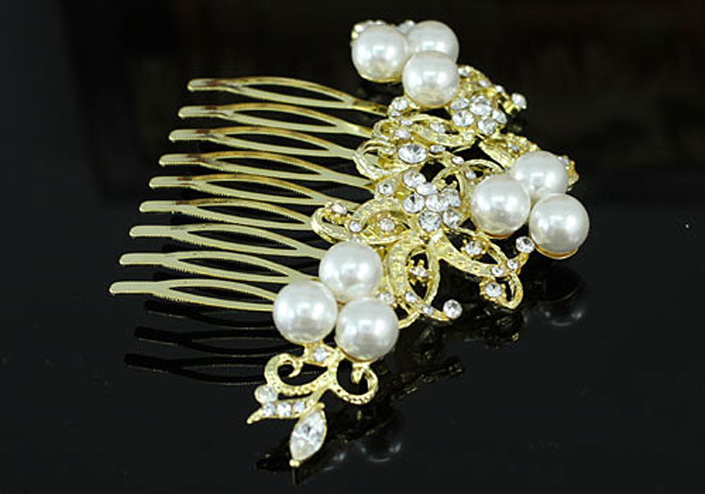 Wedding  Crystal White Pearl Gold Hair Comb XT1368-2
