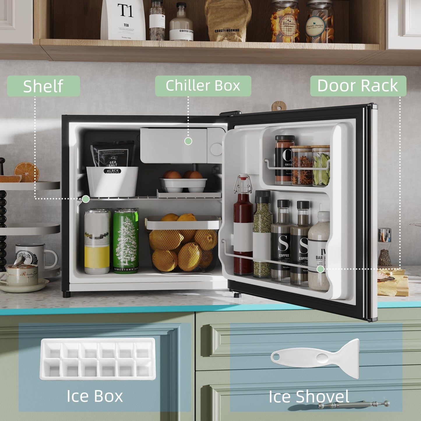 46 Litre Table Top Mini Fridge, Small Fridge with Ice Box, Reversible Door, Adjustable Temperature and Legs for Bedrooms, Home Office, Silver Tone-4