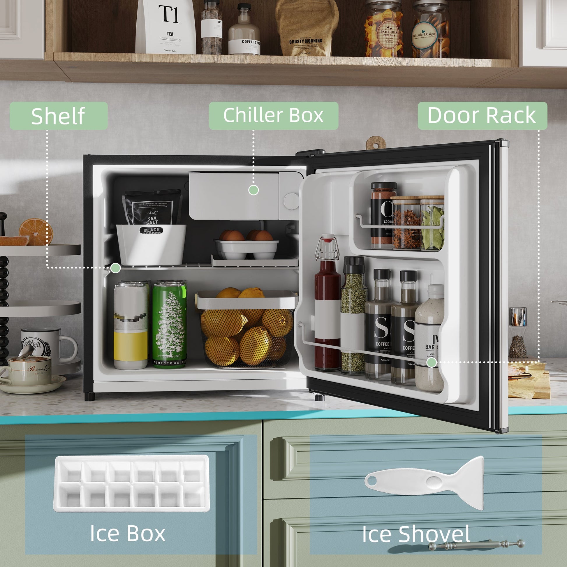 46 Litre Table Top Mini Fridge, Small Fridge with Ice Box, Reversible Door, Adjustable Temperature and Legs for Bedrooms, Home Office, Silver Tone-4