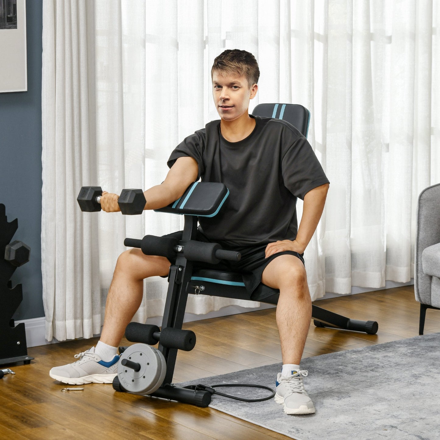 Adjustable Foldable Weight Bench with Padded Seat - Blue-1