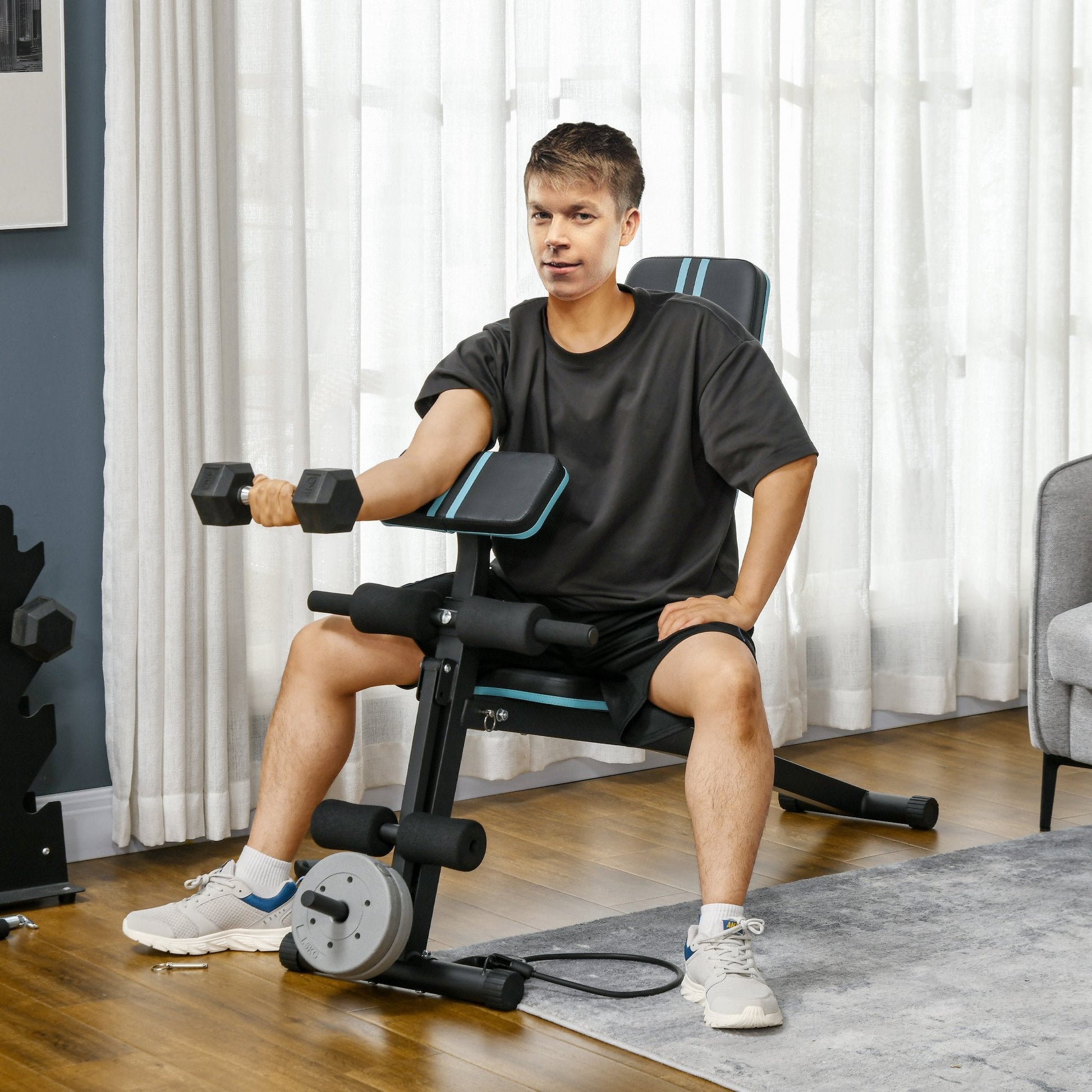 Adjustable Foldable Weight Bench with Padded Seat - Blue-1