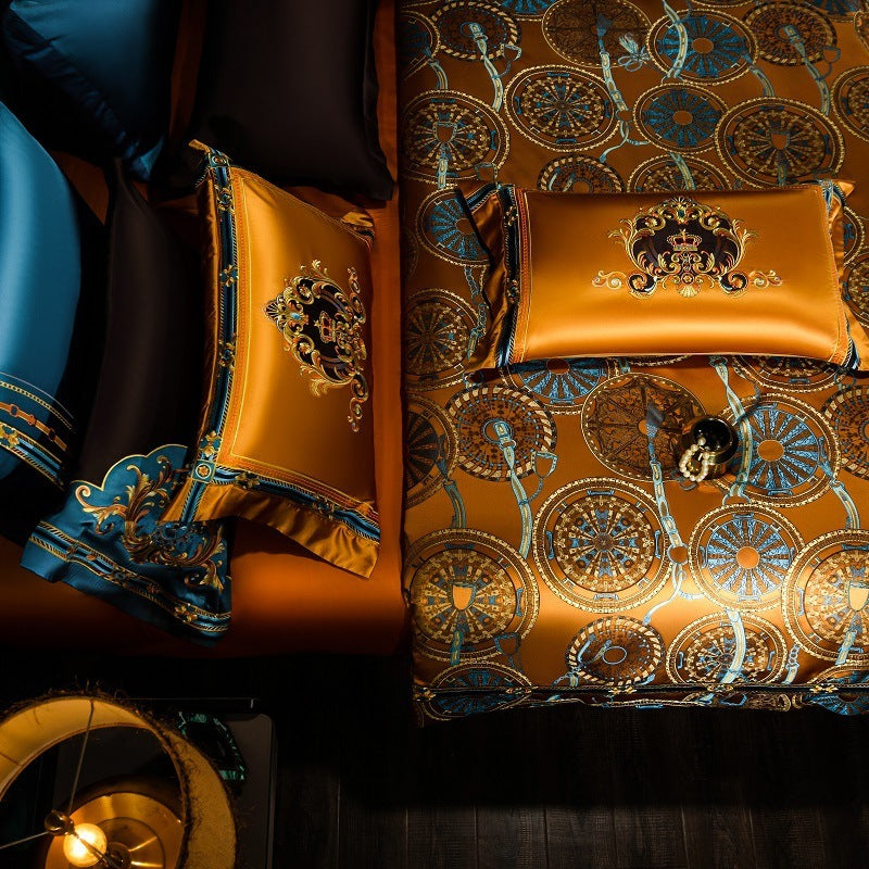 Haut de gamme luxe Plaid broderie quatre pièces correspondant costume coton longue agrafe respectueux de la peau