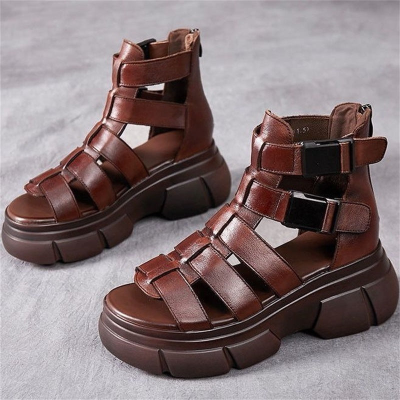 Female Leather Hollow-out Platform Retro Stylish Women's Sandals Store Hive UNIjuntos
