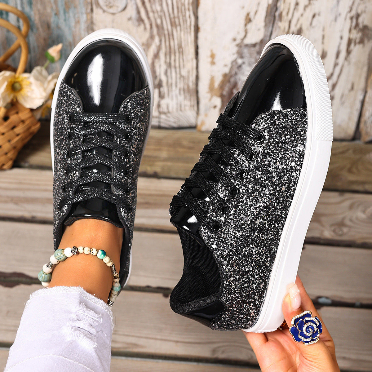 Plus Size Sequined Front Lace-up Solid Color Plus Size Board Shoes Store Hive UNIjuntos