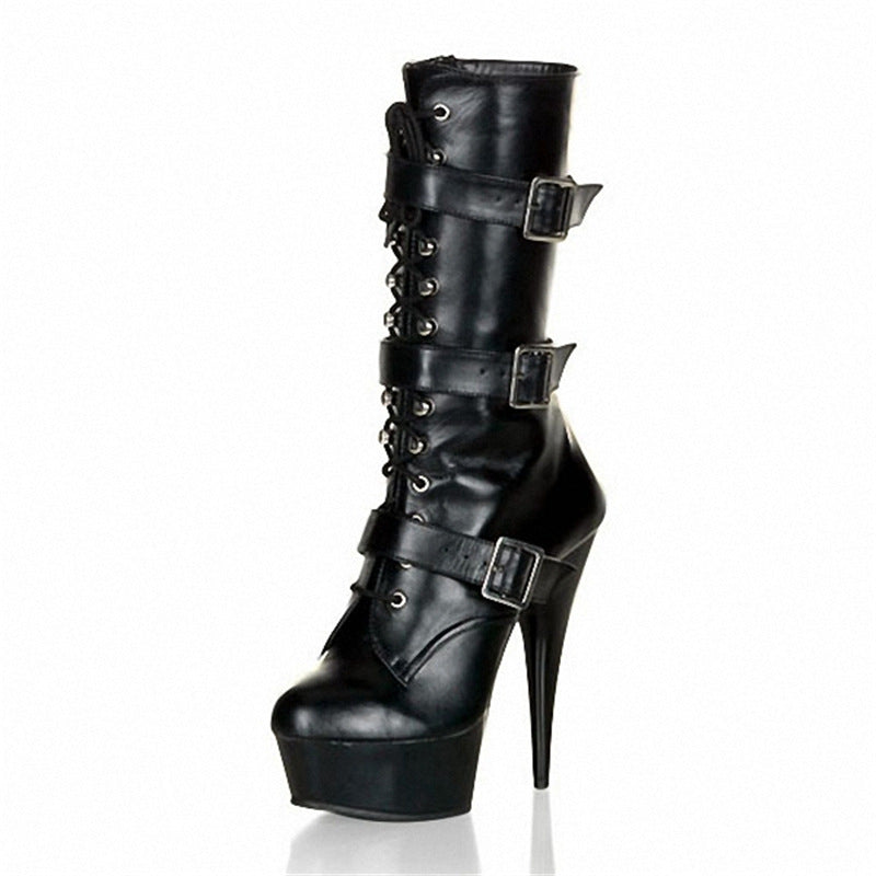 Women's 15CM Ultra-high Heel Low-cut Hollow-out Platform Belt Buckle Boots