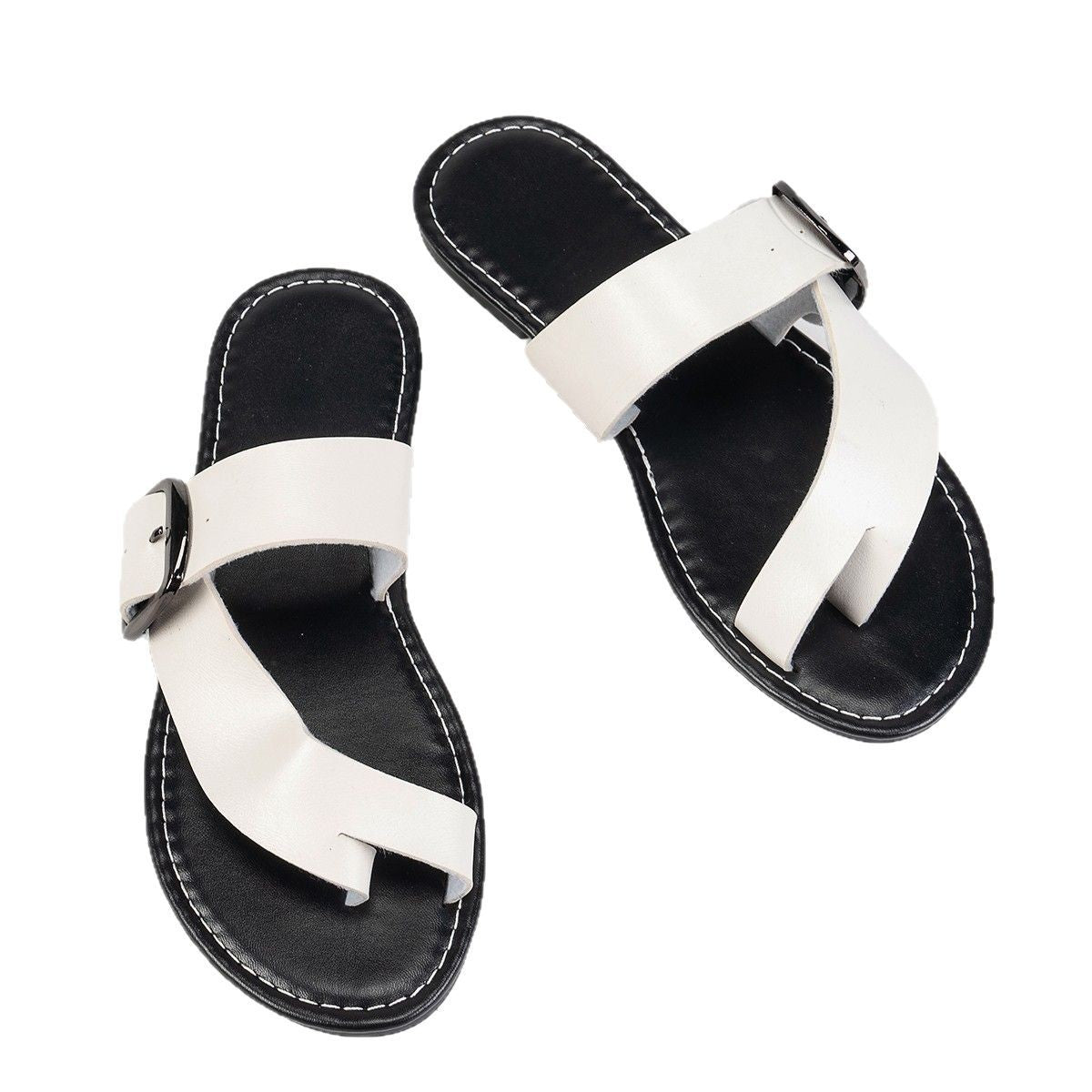 Plus Size Buckle Clip Toe Sandals Suumer Flat Beach Slippers Women's Shoes