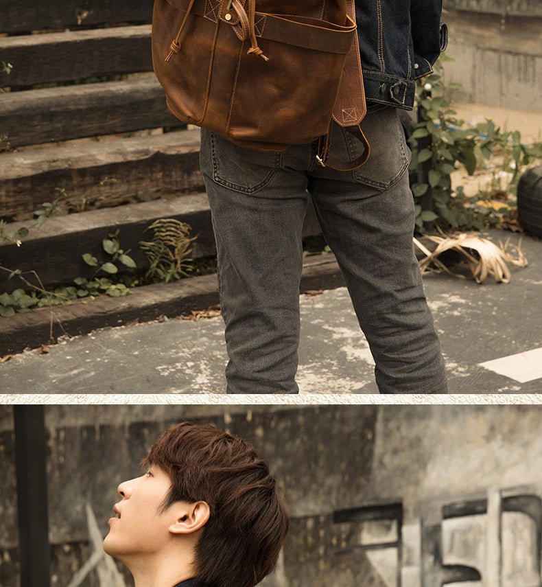 Men's Casual Travel Vintage Crazy Horse Leather Backpack