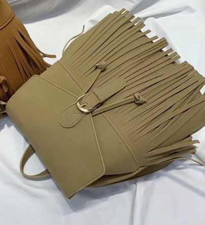Frosted Women's Tassel Backpack Bundle Mouth Solid Color