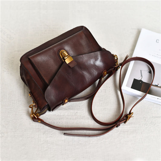 Vintage Handmade Top Layer Vegetable Tanned Cowhide Messenger Bag