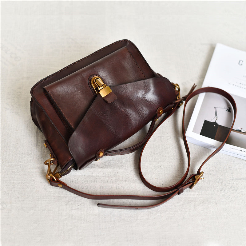 Vintage Handmade Top Layer Vegetable Tanned Cowhide Messenger Bag