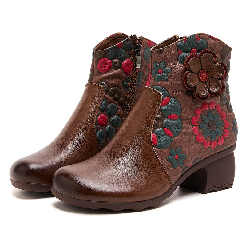 Simple Ethnic Thick Heel Flowers Comfortable Retro Boots