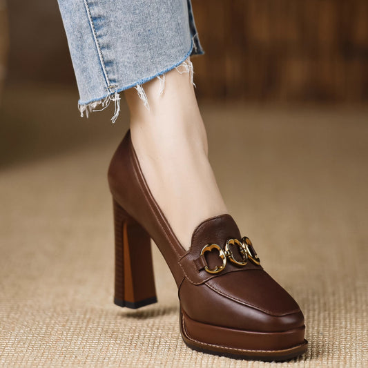 Women's Brown Thick-heeled Sheepskin Shoes