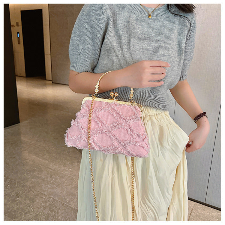 Washed Denim Style Stitching Rhombus Clip Bag Fashion Chain Shoulder Messenger Bag