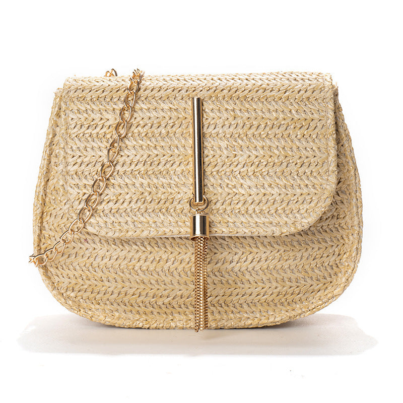 Women's Fashion Cover Type Tassel Shoulder Straw Bag